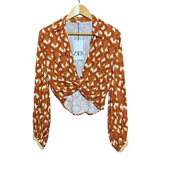 NWT ZARA Linen Blend Terracotta Top Size Small Rust/Orange Printed Beaded - Picture 2 of 6